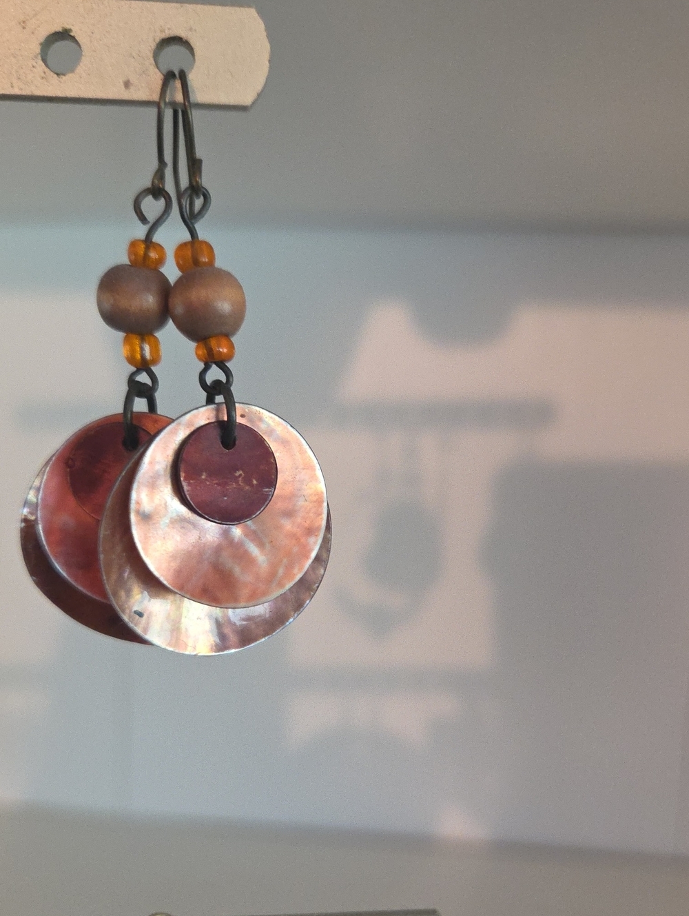 Handmade Iridescent Shell Disc Drop Earrings - Pink Brown